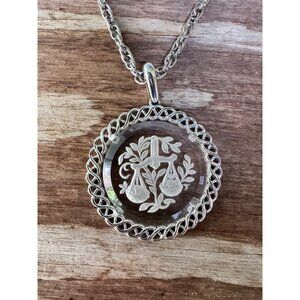 Vintage Crown Trifari Libra Zodiac Etched Glass Silver-Tone Pendant Necklace 20"